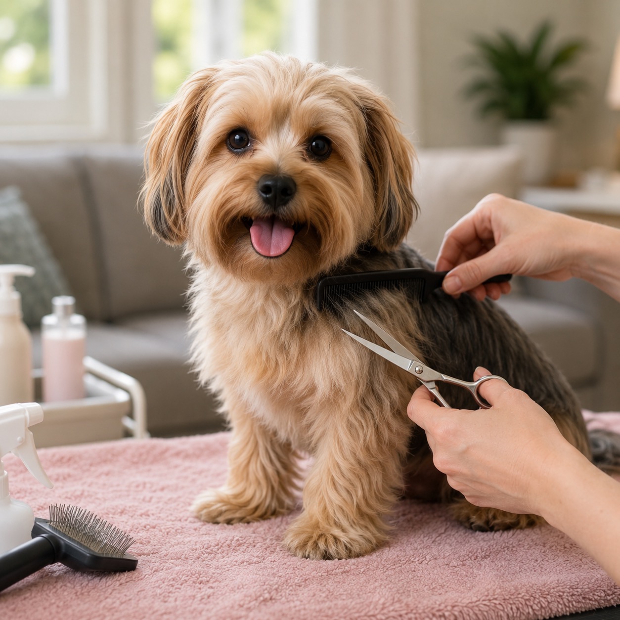 A tan terrier mix being combed and scissored on a pink towel during a full at-home grooming session